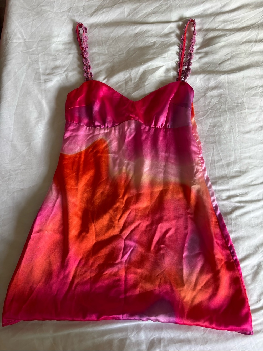 Women's Pink & Orange Satin Dress - Floral Strap Detail